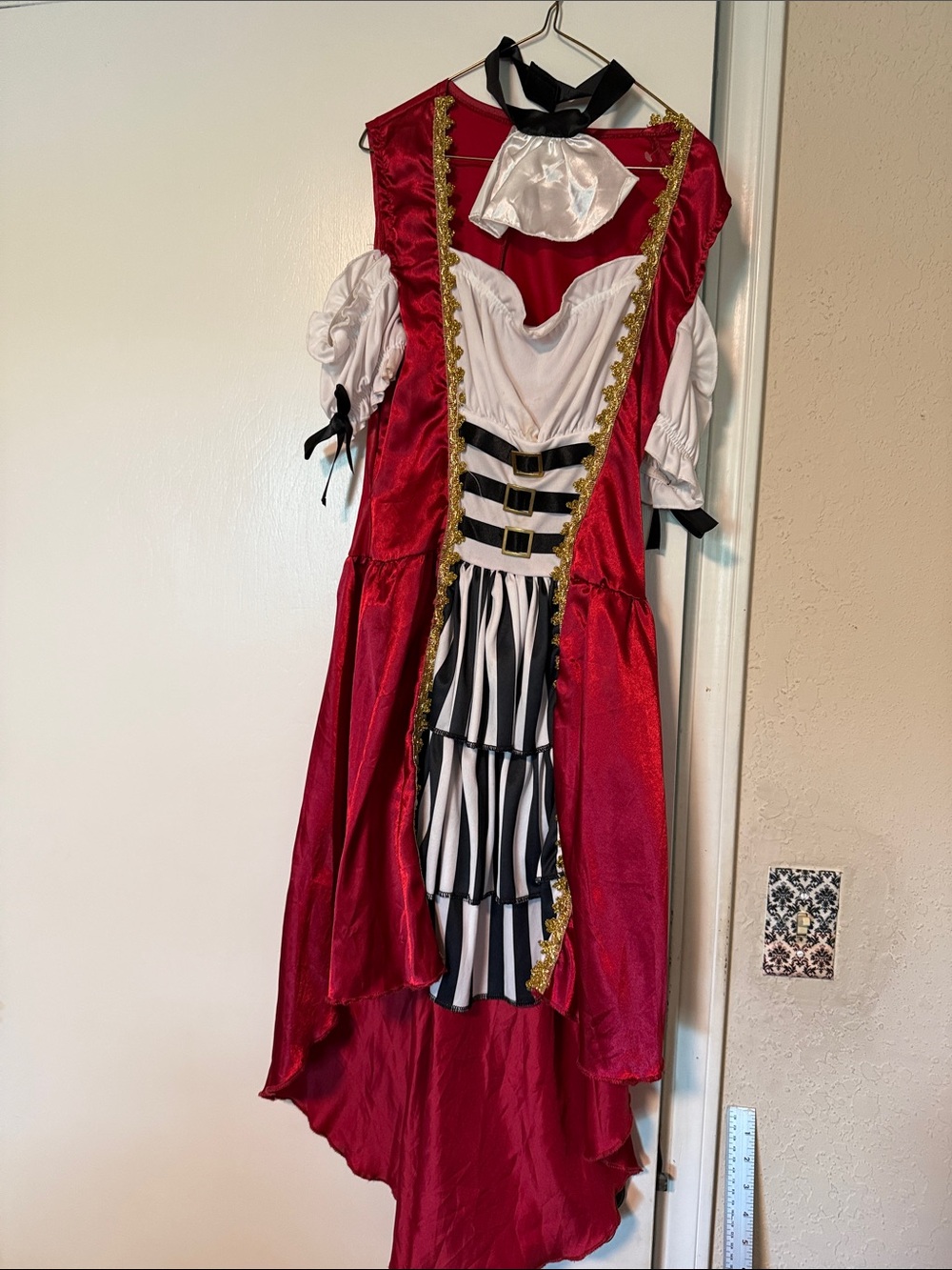 Red and White Women's Pirate Costume Dress with Black Stripe Skirt